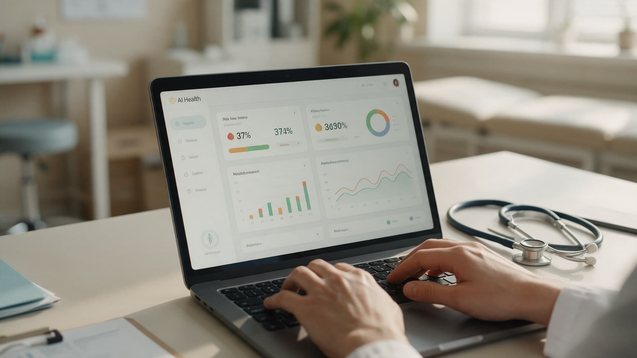 Le mani di un clinico su un laptop che mostra una dashboard sanitaria basata su IA con punteggi di rischio e grafici, con uno stetoscopio accanto alla tastiera