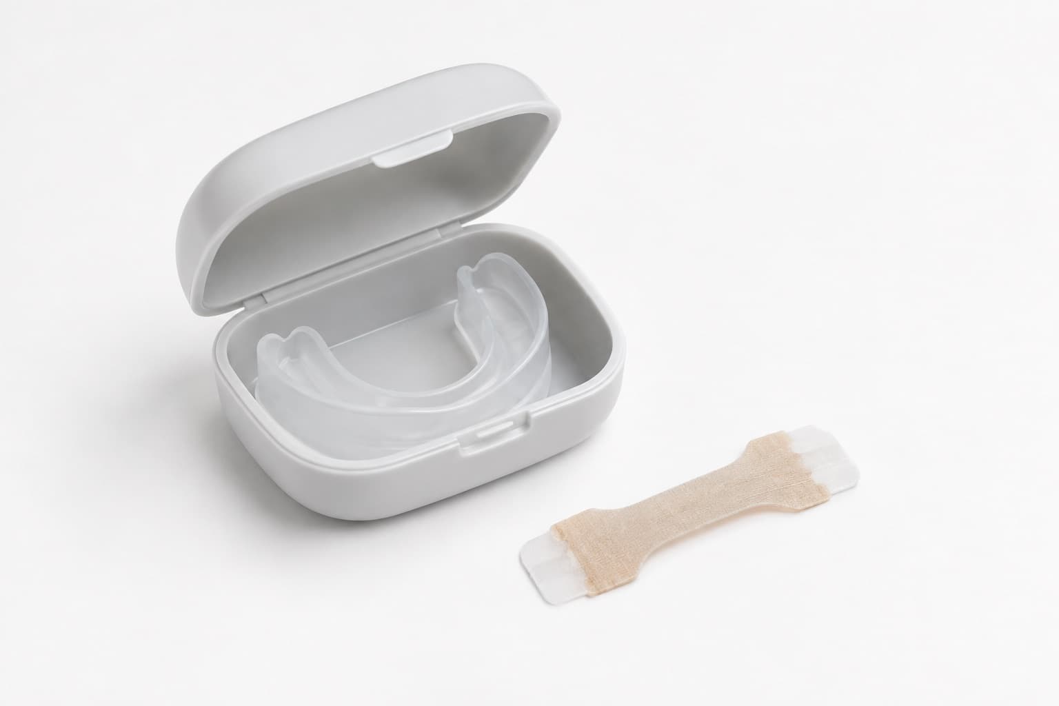 An open mandibular device case and a nasal strip on a plain white surface