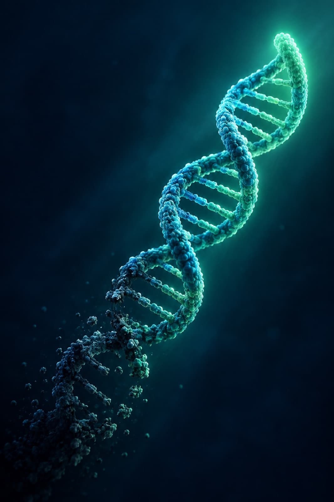 An artistic rendering of a DNA double helix with glowing, restored segments, evoking the concept of resetting cellular age