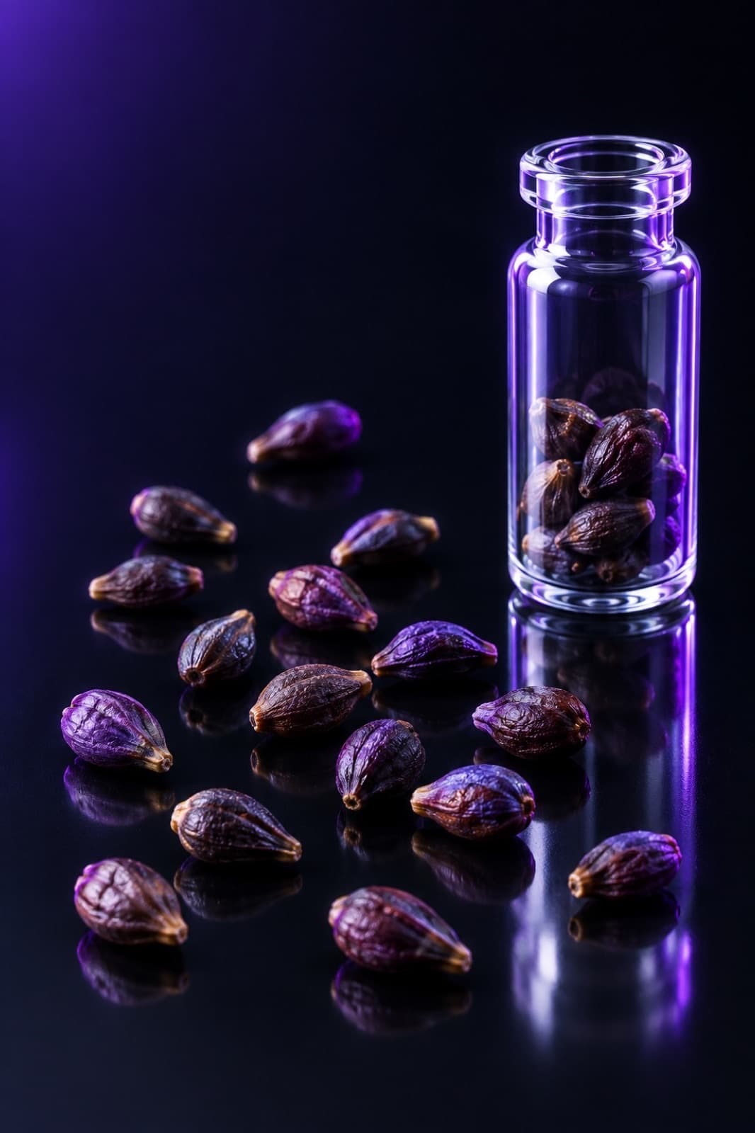 Dunkle Traubenkerne verstreut auf einer Laborfläche neben einer Glasampulle, in tiefem Violett und kühlem Weiß beleuchtet