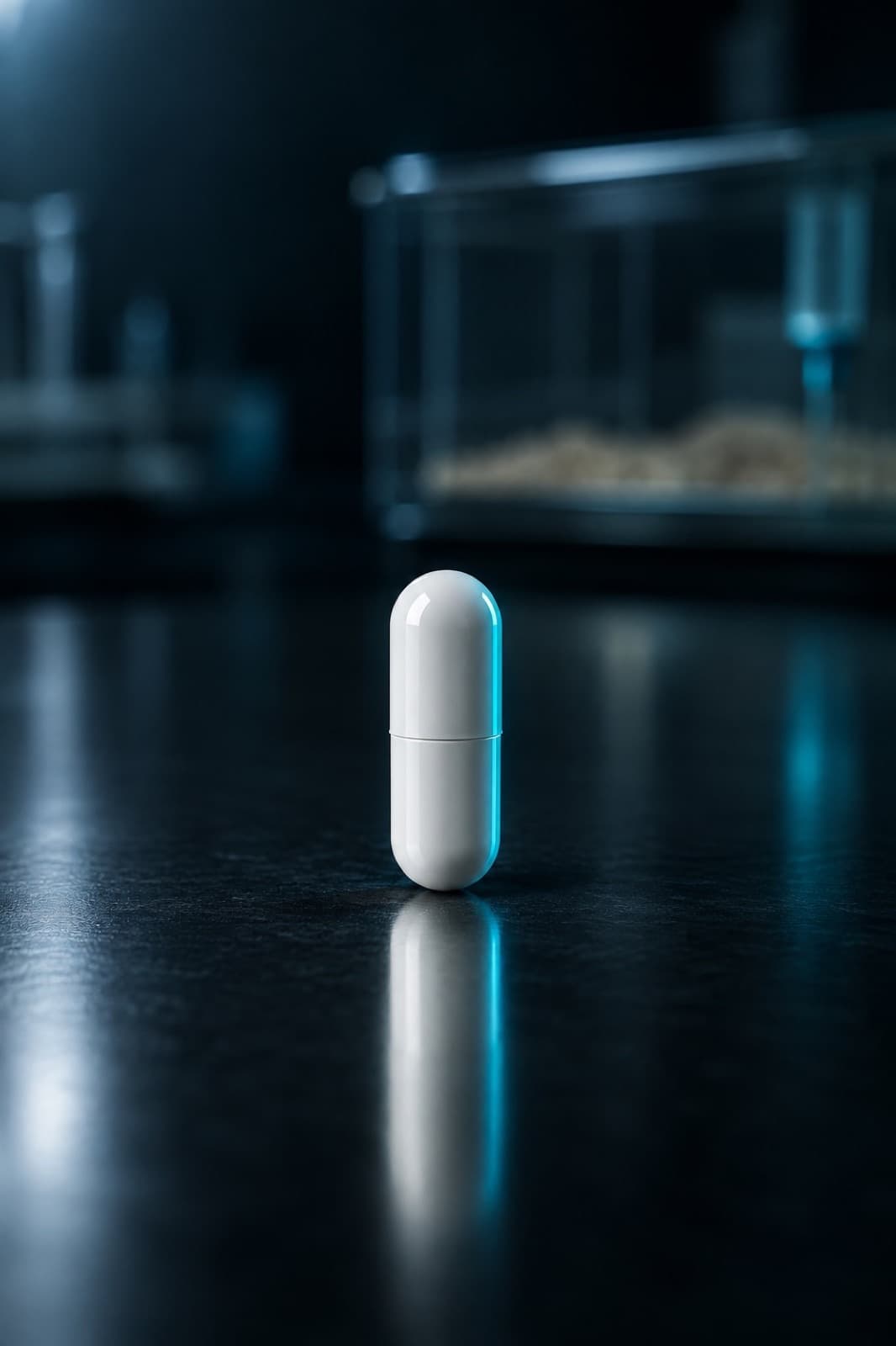A single capsule resting on a laboratory surface under cool light, with a faint mouse-cage silhouette behind it