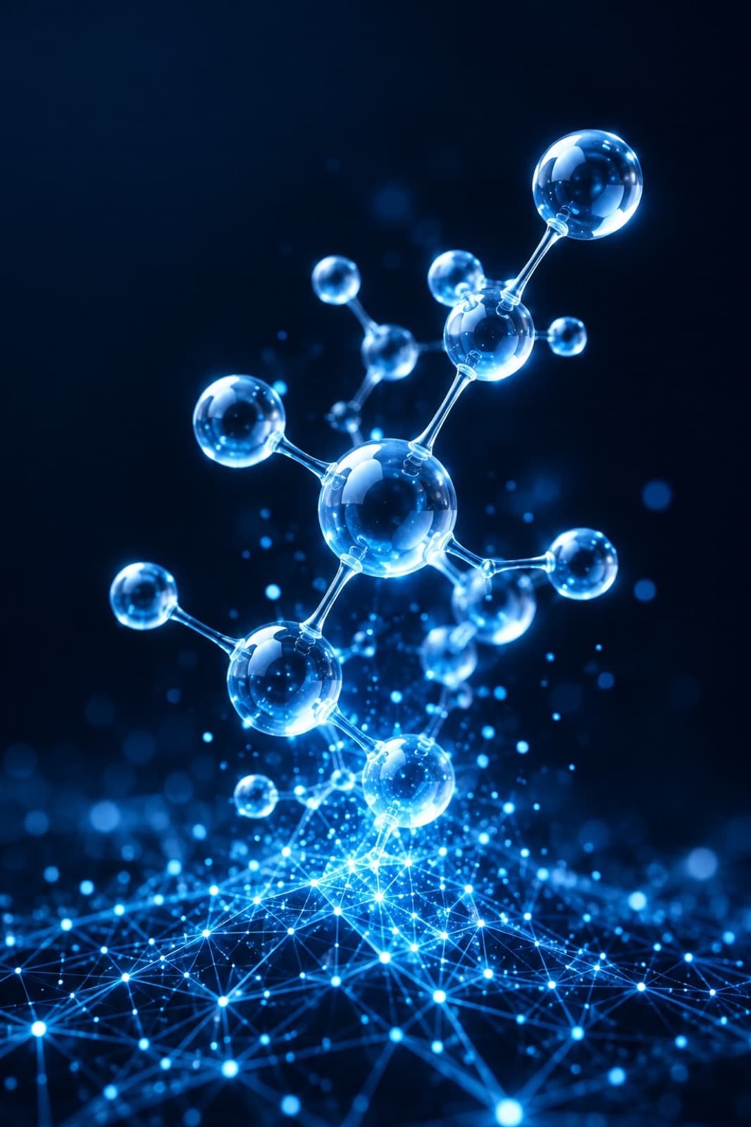 An abstract rendering of a molecular structure emerging from a lattice of illuminated data points, suggesting a drug designed by computation
